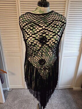 Women's Black Fishnet Style Crochet Poncho/Beach Cover-up with Tassel Fringe